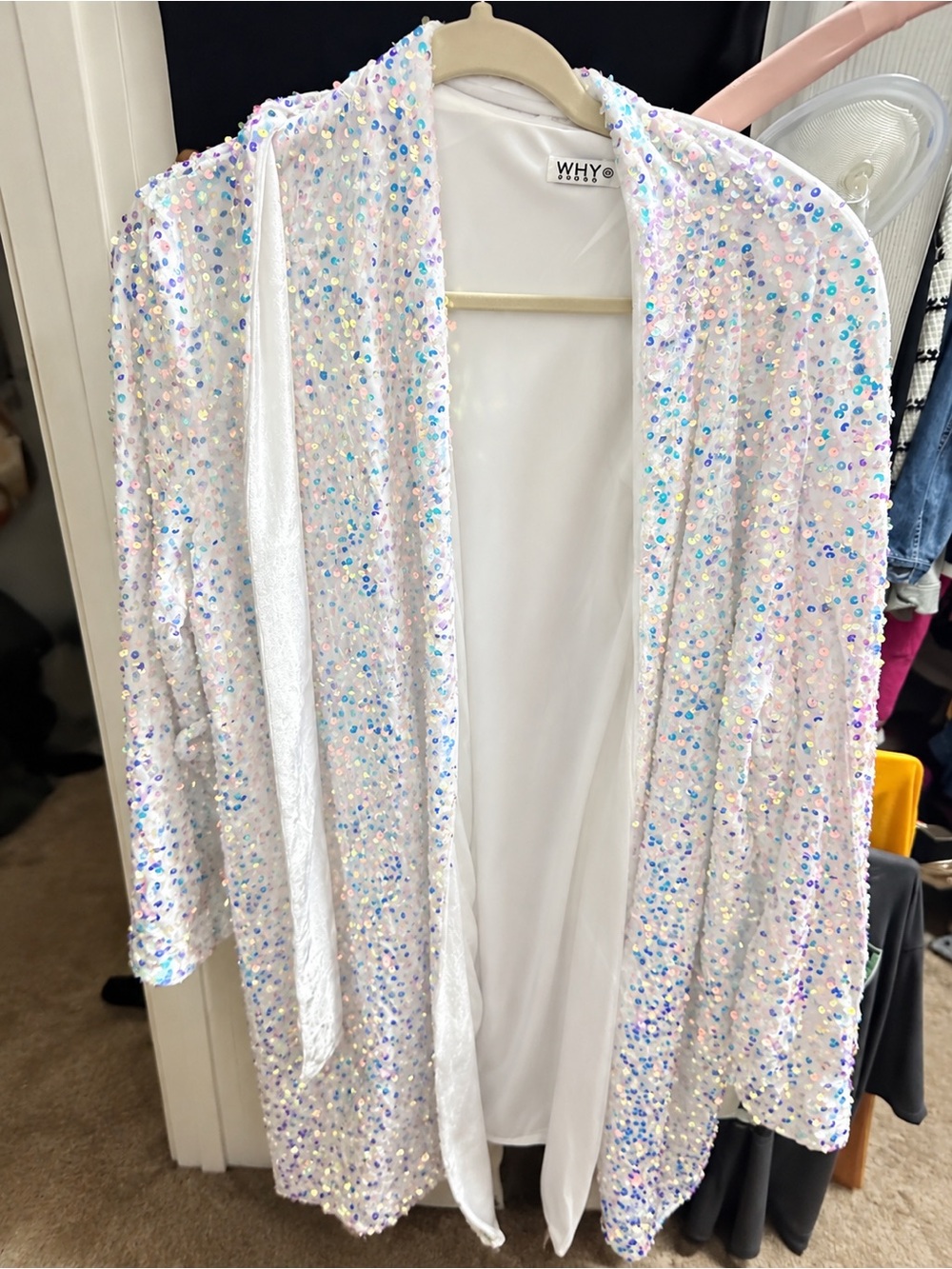 WHY Bride Sequin Kimono Cardigan / Bridal Cover Up White Iridescent Duster - Picture 4 of 6